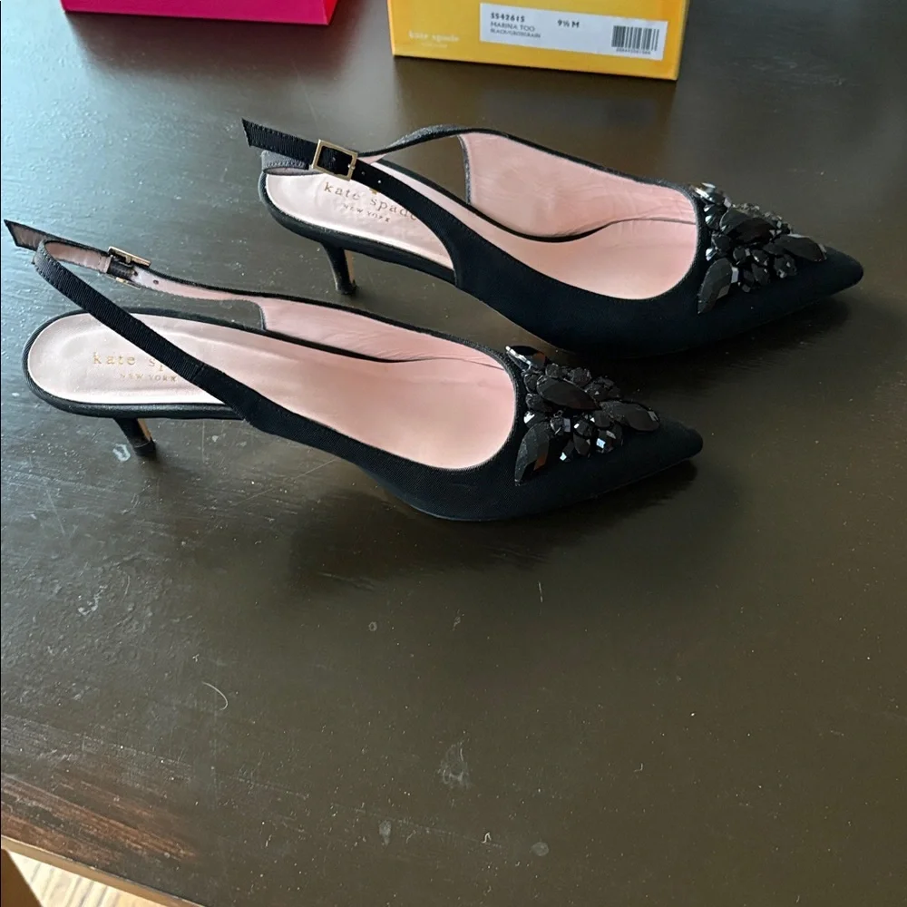 Kate Spade New York Black Grosgrain Beaded Sling Back Pumps - Picture 7 of 11